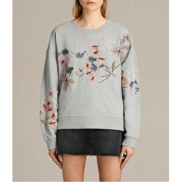 💕ALLSAINTS💕 Margot Floral Embroidered Cotton Jersey Sweatshirt ~ Oversized XS - Picture 1 of 14
